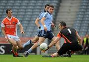 17 July 2010; Niall Corkery, Dublin, and Aaron Kernon, Armagh, right watches his shot go past Armagh goalkeeper Paul Hearty, before being cleared off the line. GAA Football All-Ireland Senior Championship Qualifier Round 3, Dublin v Armagh, Croke Park, Dublin. Picture credit: Brian Lawless / SPORTSFILE