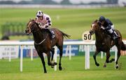 18 July 2010; Pathfork, with Shane Foley up, ahead of Robin Hood, Johnny Murtagh up, on their way to winning The L.Behan Tarmacadam & Asphalt European Breeders Fund (C & G) Maiden. The Curragh Racecourse, Curragh, Co. Kildare. Picture credit: Barry Cregg / SPORTSFILE