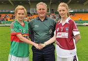 24 July 2010; Mayo captain Carol Hegarty, left, and Westmeath captain Aoife Brady, shake hands in the company of referee Terence McShea. Ladies Gaelic Football Minor A Shield All-Ireland Final, Mayo v Westmeath, Seán O'Heslin GAA Cub, Ballinamore, Co. Leitrim. Picture credit: Brian Lawless / SPORTSFILE