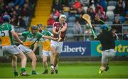 19 June 2016; Jason Flynn of Galway has a shot on goal despite the attempts of Offaly goalkeeper James Dempsey and Paudge Guinan during the Leinster GAA Hurling Senior Championship Semi-Final match between Galway and Offaly at O'Moore Park in Portlaoise, Co Laois. Photo by Cody Glenn/Sportsfile