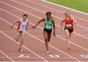 25 June 2016; Patience Jumbo-Gula, St Vincents,  Dundalk, centre, on her way to winning the Girls 100m ahead of Lauren Roy, left, and Rachel Keane, during the GloHealth Tailteann Interprovincial Schools Championships 2016 at Morton Stadium in Santry, Co Dublin. Photo by Sam Barnes/Sportsfile