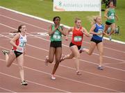 25 June 2016; Patience Jumbo-Gula of St Vincents, Dundalk, reacts after winning the Girls 100m during the GloHealth Tailteann Interprovincial Schools Championships 2016 at Morton Stadium in Santry, Co Dublin. Photo by Sam Barnes/Sportsfile