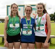 25 June 2016; Girls 300m hurdles medallists, from left, Niamh Gowing, Mount Anville, silver, Miriam Daly, Scoil Mhuire, Carrick-On-Suir, gold and Sinead Gallagher, St Columba's, Stranorlar, bronze, during the GloHealth Tailteann Interprovincial Schools Championships 2016 at Morton Stadium in Santry, Co Dublin. Photo by Sam Barnes/Sportsfile