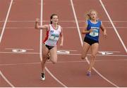 25 June 2016; Anna McCauley of Methodist College, Belfast, left, reacts after winning the Girls 200m during the GloHealth Tailteann Interprovincial Schools Championships 2016 at Morton Stadium in Santry, Co Dublin. Photo by Sam Barnes/Sportsfile