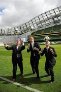 5 August 2010; Republic of Ireland manager Giovanni Trapattoni with Robert Finnegan, CEO, 3, and John Delaney, Chief Executive, FAI, as 3, Ireland’s largest high speed network, today announced a four year agreement which sees 3 become the primary sponsor of the Irish national football team and all international squads. 3 will not only support the national team but will also work with football at grassroots level involving clubs and leagues up and down the country. The deal comes at an extremely exciting time for Irish football, coinciding with the move to a new world-class home in the Aviva Stadium and the continued growth of the senior international team under Giovanni Trapattoni and Marco Tardelli. With more than half-a million customers, 3 is aiming to increase its brand awareness and market share through the new agreement. Visit www.three.ie for more details. Aviva Stadium, Lansdowne Road, Dublin. Picture credit: Ray McManus / SPORTSFILE