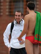 7 August 2010; Ireland's Ryan Harrison, 100m, 200m & 400m Freestyle, from Eglinton, Co. Derry, in conversation with a University of Tennessee team-mate, Norbert Kovacs, Hungary, during training ahead of the 2010 LEN European Long Course Swimming Championships. Alfred Hajos Swimming Complex, Budapest, Hungary. Picture credit: Brian Lawless / SPORTSFILE