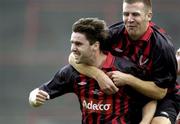 11 July 2001; Shaun Maher of Bohemians celebrates with team-mate Stephen Caffrey after scoring their side's fiurst goal during the UEFA Champions League First Qualifying Round First Leg match between Bohemians and FC Levadia Maardu at Dalymount Park in Dublin. Photo by David Maher/Sportsfile