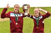 26 June 2016; Galway and District League joint captains Meghen Hengerer, left, and Aoife Lynagh celebrate with the Jeremy Dee Cup after defeating Metropolitan Girls League in their FAI U16 Gaynor Cup Final at University of Limerick in Limerick. Photo by Diarmuid Greene/Sportsfile