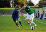 9 August 2010; Robbie Brady, Republic of Ireland, in action against Vladisliv Calitvintsev, Ukraine. Under 19 International Friendly, Republic of Ireland v Ukraine, Morton Stadium, Dublin. Picture credit: Barry Cregg / SPORTSFILE