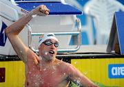 13 August 2010; Ireland's Barry Murphy, from Drumcondra, Dublin, celebrates after Semi-Final 2 of the Men's 50m Breaststroke. Murphy finished 2nd in his Semi-Final in a time of 27.60 which is the 6th fastest qualifying time for the Finals of the event. The final will take place tommorrow evening Saturday 14th. 2010 LEN European Long Course Swimming Championships, Alfred Hajos Swimming Complex, Budapest, Hungary. Picture credit: Brian Lawless / SPORTSFILE