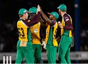 2 July 2016; Veerasammy Permaul, second from right, and Adam Zampa, left, of Guyana Amazon Warriors celebrate the dismissal of Hashim Amla of Trinbago Knight Riders during Match 5 of the Hero Caribbean Premier League between Trinbago Knight Riders and Guyana Amazon Warriors at Queen's Park Oval in Port of Spain, Trinidad. Photo by Randy Brooks/Sportsfile