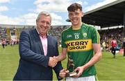 3 July 2016; David Clifford of Kerry receives the Man of the Match award from Kevin Molloy representing Electric Ireland following the Electric Ireland Munster GAA Football Minor Championship Final match between Kerry and Cork at Fitzgerald Stadium in Killarney, Co Kerry. Photo by Brendan Moran/Sportsfile