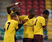 19 August 2010; Jay Thomas, second from left, Arsenal Reserves, celebrates with team-mates, from left, Wellington Silva, Benik Afobe, and Craig Eastmond, after scoring his side's first goal. Platinum One Challenge, Arsenal Reserves v Manchester United Reserves, Tallaght Stadium, Tallaght, Dublin. Picture credit: Brian Lawless / SPORTSFILE