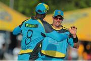3 July 2016; Michael Hussey, right, celebrates with Deron Davis during Match 6 of the Hero Caribbean Premier League between St Kitts & Nevis Patriots and St Lucia Zouks at Warner Park in Basseterre, St Kitts. Photo by Ashley Allen/Sportsfile