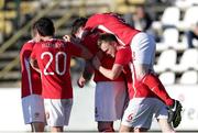 5 July 2016; St Patrick's Athletic players celebrate after Darren Dennehy, centre, scored their side's first goal during the UEFA Europa League First Qualifying Round 2nd Leg match between AS Jeunesse Esch and St. Patrick's Athletic at La Frontière in Esch-sur-Alzette, Luxembourg. Photo by Gerry Schmit/Sportsfile