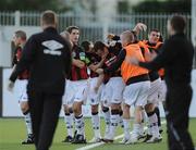 20 August 2010; Mark Quigley, Bohemians, is congratulated by team mates and subs after scoring the opening goal. Airtricity League Premier Division, Dundalk v Bohemians Oriel Park, Dundalk, Co. Louth. Picture credit: Oliver McVeigh / SPORTSFILE