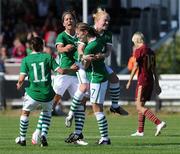 21 August 2010; Ciara Grant, Republic of Ireland, is congratulated by her team-mates Fiona O'Sullivan, 9, Meabh de Burcha and Aine O'Gorman, 11, after scoring a penalty against Russia. FIFA Women's World Cup Qualifier, Republic of Ireland v Russia, Ferrycarrig Park, Wexford. Picture credit: Matt Browne / SPORTSFILE