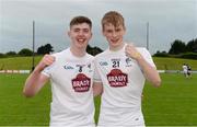 6 July 2016; David Marnell, left, and Paddy Woodgate of Kildare celebrate after the Electric Ireland Leinster GAA Football Minor Championship Semi-Final match between Meath and Kildare at Páirc Tailteann in Navan, Co Meath. Photo by Piaras Ó Mídheach/Sportsfile