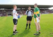 21 August 2010; Referee Damien Brazil speaks to Sligo captain Jason Farrell and  Kerry captain Michael O'Donoghue before the game. GAA Football All-Ireland Junior Championship Final, Kerry v Sligo, Pearse Stadium, Galway. Picture credit: Oliver McVeigh / SPORTSFILE