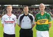 21 August 2010; Referee Damien Brazil with Sligo captain Jason Farrell and Kerry captain Michael O'Donoghue before the game. GAA Football All-Ireland Junior Championship Final, Kerry v Sligo, Pearse Stadium, Galway. Picture credit: Oliver McVeigh / SPORTSFILE