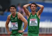 9 July 2016; Thomas Barr, right, and Craig Lynch of Ireland wait to see their team's time after the Men's 4 x 400m Relay qualifying round on day four of the 23rd European Athletics Championships at the Olympic Stadium in Amsterdam, Netherlands. Photo by Brendan Moran/Sportsfile