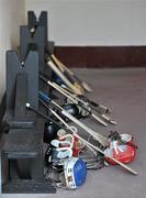 23 August 2010; The helmets and hurleys of the Kilkenny team line up at the dressing room during squad training ahead of the GAA Hurling All-Ireland Senior Championship Final 2010. Nowlan Park, Kilkenny. Picture credit: Brendan Moran / SPORTSFILE