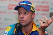 10 July 2016; AB De Villiers of the Barbados Tridents answers a question during a pre-match press conference ahead of match 12 of the Hero Caribbean Premier League between Barbados Tridents and Jamaica Tallawahs at Kensington Oval in Bridgetown, Barbados. Photo by Ashley Allen/Sportsfile