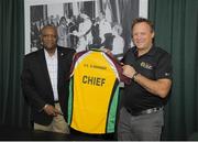 9 July 2016; Guyana Minister of State Joseph Harmon, left, receives a Guyana Amazon Warriors player's shirt from CPL Chief Operations Officer Pete Russell at the Ministry of the Presidency in Georgetown, Guyana. Photo by: Randy Brooks/Sportsfile