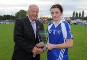28 August 2010; Aisling Quigley, Laois, is presented with the TG4 Player of the Match by Pat Quill, President, Cumann Peil Gael na mBan. TG4 Ladies Football All-Ireland Senior Championship Semi-Final, Dublin v Laois, Dr. Cullen Park, Carlow. Picture credit: Brendan Moran / SPORTSFILE