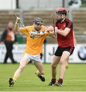 10 July 2016; Conal Doherty of Antrim in action against Patrick Branagan of Down during the Electric Ireland Ulster GAA Hurling Minor Championship Final match between Antrim and Down at Derry GAA Centre of Excellence in Owenbeg, Derry. Photo by Oliver McVeigh/Sportsfile