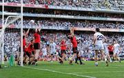 29 August 2010; Kalum King, Down, tips the ball to hit off the crossbar in the final seconds of the game. GAA Football All-Ireland Senior Championship Semi-Final, Kildare v Down, Croke Park, Dublin. Photo by Sportsfile