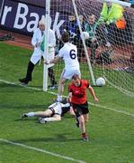 29 August 2010; Down's Benny Coulter celebrates scoring his side's goal as Kildare's Emmet Bolton appeals to the umpire. GAA Football All-Ireland Senior Championship Semi-Final, Kildare v Down, Croke Park, Dublin. Picture credit: Brendan Moran / SPORTSFILE