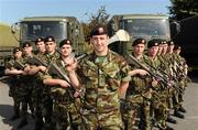 2 September 2010; Kilkenny hurler and soldier, Private Eoin Larkin, 3rd Infantry Battalion, based in Stephen's Barracks, Kilkenny, centre, with troops of the 5th Infantry Battalion, based in McKee Barracks, ahead of Sunday's GAA Hurling All-Ireland Senior Championship Final 2010, McKee Barracks, Blackhorse Avenue, Dublin. Picture credit: Stephen McCarthy / SPORTSFILE