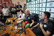 2 September 2010; Republic of Ireland manager Giovanni Trapattoni, with captain Robbie Keane, speaking during a press conference ahead of their EURO 2012 Championship Group B Qualifier against Armenia on Friday. Republic of Ireland press conference, Yerevan Republican Stadium, Yerevan, Armenia. Picture credit: David Maher / SPORTSFILE