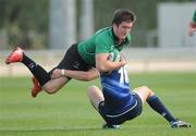 3 September 2010; Niall Kenneally, Connacht, is tackled by Gearoid McDonald, Leinster. U20 Interprovincial Rugby Championship, Connacht v Leinster, Sportsground, Galway. Picture credit: Ray Ryan / SPORTSFILE