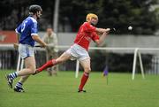 4 September 2010; Davin Flynn, right, Roscrea, Tipperary, in action against Brendan Lambard, Ballinhassig, Cork. Meteor Kilmacud Crokes All-Ireland Hurling Sevens Tournament 2010, Kilmacud Crokes GAA Club, Stillorgan, Co. Dublin. Picture credit: Barry Cregg  / SPORTSFILE