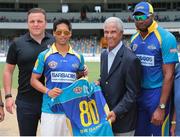 16 July 2016; Hero CPL honours Sir Garry Sobers at Kensington Oval. (l-r) Damien O’Donohoe (CEO, Hero Caribbean Premier League), Sid Mallya (Barbados Tridents), Sir Garry Sobers and Kieron Pollard (Captain, Barbados Tridents) pictured at the Kensington Oval on Saturday with a signed Barbados Tridents jersey to mark Sir Garry’s 80th birthday later this month. Photo by Ashley Allen/Sportsfile