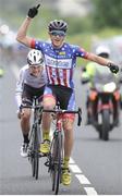 17 July 2016; Gage Hect of Hot Tubes celebrates as he crosses the finish line to win Stage 6 of the 2016 Scott Bicycles Junior Tour of Ireland, Ennis, Co. Clare. Photo by Stephen McMahon/SPORTSFILE