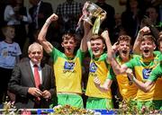 17 July 2016; Jason McGee and NiallO'Donnell joint Captains of Donegal lift the Fr Murray cup after the Electric Ireland Ulster GAA Football Minor Championship Final match between Derry and Donegal at St Tiernach's Park in Clones, Co Monaghan. Photo by Oliver McVeigh/Sportsfile