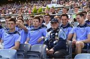 17 July 2016; Dublin supporter Jerry Gowran with Dublin senior players looks on during the Electric Ireland Leinster GAA Football Minor Championship Final match between Laois and Kildare at Croke Park in Dubin. Photo by David Maher/Sportsfile