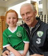 6 September 2010; Pictured is Sadhbh Mohan, age 6, from Clonee, Co. Meath with Giovanni Trapattoni, Senior International Team manager at the announcement today by 3, Ireland’s largest high speed network, of the mascot for the Senior International match against Andorra. Lucky Sadhbh Mohan, will have the chance of a lifetime to lead the team onto the pitch with the captain, Robbie Keane. The announcement was made at the team training session today where Sadhbh Mohan, got a chance to see their idols in action. Portmarnock Hotel and Golf Links, Portmarnock, Co. Dublin. For more information about 3 visit www.three.ie. Picture credit: David Maher / SPORTSFILE