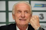 8 September 2010; Republic of Ireland manager Giovanni Trapattoni speaking during a press conference following their EURO 2012 Championship Group B Qualifier victory over Andorra last night. Republic of Ireland Press Conference, Clarion Hotel, Dublin Airport, Dublin. Picture credit: David Maher / SPORTSFILE