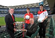 13 September 2010; ESB, proud sponsor of the GAA All-Ireland Minor Championship, is creating Positive Energy ahead of this year’s ESB GAA Football All-Ireland Minor Championship Final in Croke Park on Sunday 19th September, where Tyrone will face Cork. Pictured in Croke Park earlier today were Uachtarán Chumann Lúthchleas Gael Criostóir Ó Cuana, Mr Padraig McManus, Chief Executive, ESB, Tyrone captain Shea McGarrity, right, and Cork captain Daniel Fitzgerald. Cork will be hoping to set the tone for a rebel sweep on Sunday as their competitors Tyrone did in 2008 when both the Tyrone Minor and Senior Footballers took the honours in the Final. ESB GAA Football All-Ireland Minor Championship Final Captains Photocall, Croke Park, Dublin. Picture credit: David Maher / SPORTSFILE