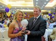 13 September 2010; Wexford's Katrina Parrok receiving her Player Of The Match Award from Gary Desmond, CEO of Gala. Stillorgan Park Hotel, Stillorgan Road, Dublin 18. Picture credit: Ray McManus / SPORTSFILE