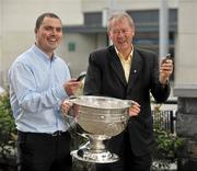 16 September 2010; RTE Radio commentator Michéal O Muircheartaigh with Stephen Comerford during a press conference to raise funds for the Cormac McAnallen Trust which go directly to screening services and the purchase of defibrillators to help combat Sudden Adult Death Syndrome. The campaign hopes to have 100,000 texts to the number 53306 in the Republic of Ireland and 81108 in Northern Ireland, by full-time in Sunday's All-Ireland Senior Football Final between Down and Cork, which will be O Muircheartaigh's final commentary at a GAA Football All-Ireland Championship Final before his retirement. Micheal O'Muircheartaigh Press Conference, Croke Park Hotel, Jones's Road, Dublin. Picture credit: Barry Cregg / SPORTSFILE