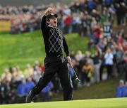 2 October 2010; Rory Mcllroy, Team Europe, playing with Graeme McDowell, celebrates his birdie putt on the 17th green during their first round fourball match against Stewart Cink and Matt Kuchar, Team USA. The 2010 Ryder Cup, The Celtic Manor Resort, City of Newport, Wales. Picture credit: Matt Browne / SPORTSFILE