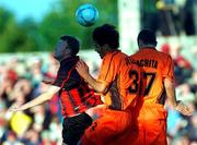 9 August 2001; Keith O'Connor of Longford Town in action against Zhivko Zhelev and Valeriu Rachita of Liteks Lovech during the UEFA Cup Qualifier First Leg match between Longford Town and Liteks Lovetch at Flancare Park in Longford. Photo by David Maher/Sportsfile