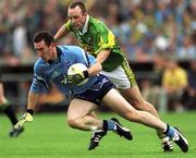 11 August 2001; Paddy Christie of Dublin in action against John Crowley of Kerry during the Bank of Ireland All-Ireland Senior Football Championship Quarter-Final Replay match between Dublin and Kerry at Semple Stadium in Thurles, Tipperary. Photo by Damien Eagers/Sportsfile
