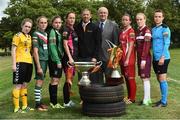02 August 2016; John Morgan, Sales manager, Continental Tyres with Fran Gavin, Director of the National League, with players left to right, Aislinn Carroll, Kilkenny United WFC, Evelyn Daly, Cork City Women's FC, Rachel Doyle, Peamount United, Kylie Murphy, Wexford Youths Women's FC, Pearl Slattery, Shelbourne Ladies FC, Meabh De Burca, Galway WFC and Aine O'Gorman, UCD Waves FC, in attendance during the launch of the Continental Tyres Women's National League at FAI HQ in Abbotstown, Dublin. The 2016 season will kick off this Saturday, August 6th and will run until December 2016. Follow all the action at @FAI_WNL or #WNL. Photo by David Maher/Sportsfile