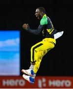 3 August 2016; Kesrick Williams of Jamaica Tallawahs celebrates taking 4 wickets for 37 runs during the Hero Caribbean Premier League match between Guyana Amazon Warriors and Jamaica Tallawahs - Hero Caribbean Premier League (CPL) – Play-off - Match 31 at Warner Park in Basseterre, St Kitts. Photo by Randy Brooks/Sportsfile